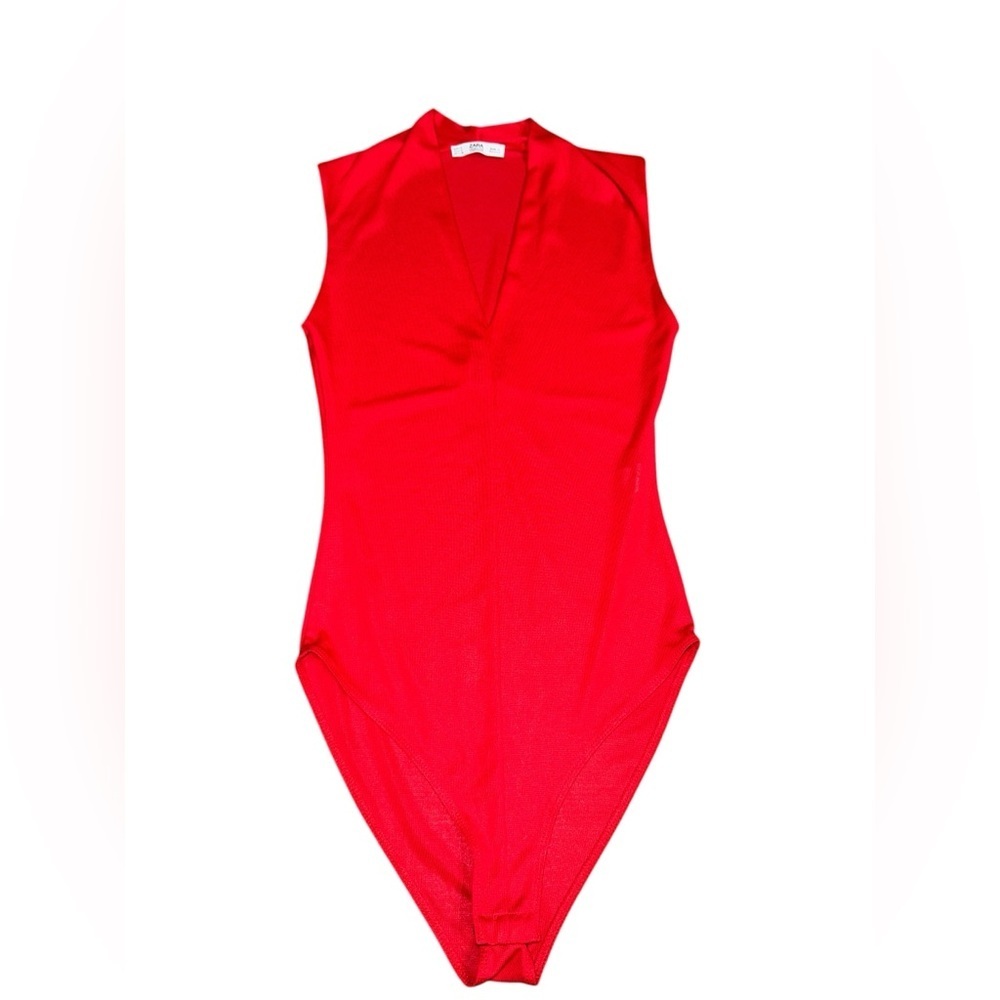 Zara Woman Basic Red Sleeveless Deep V-Neck Ribbed Bodysuit Small